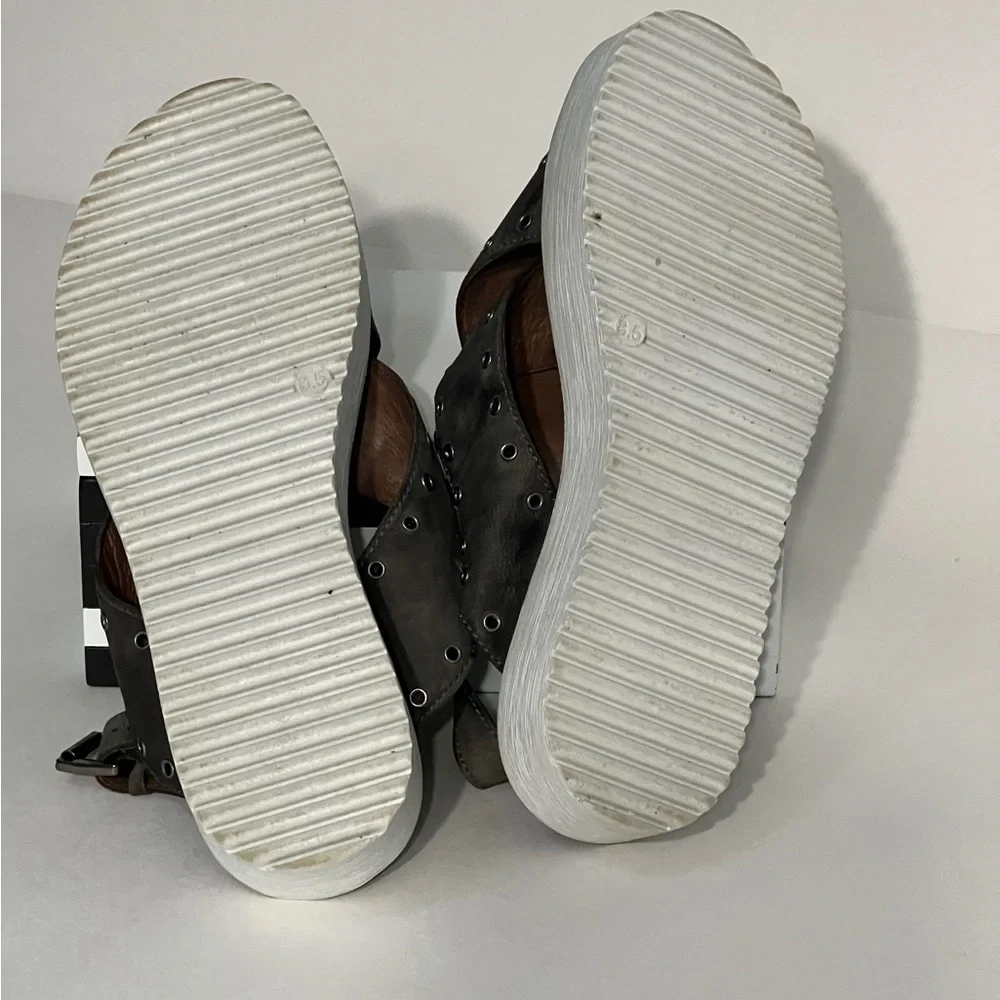 Bed Stu Roan Hali Platform Sandals, size 8.5. Grey  Leather heel strap grommets